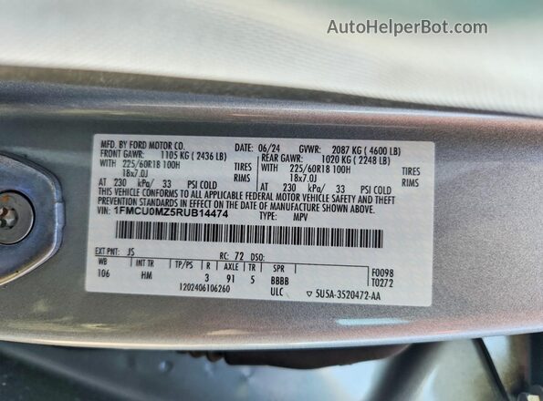 1FMCU0MZ5RUB14474 2024 FORD ESCAPE Silver Widok naklejki z numerem VIN
