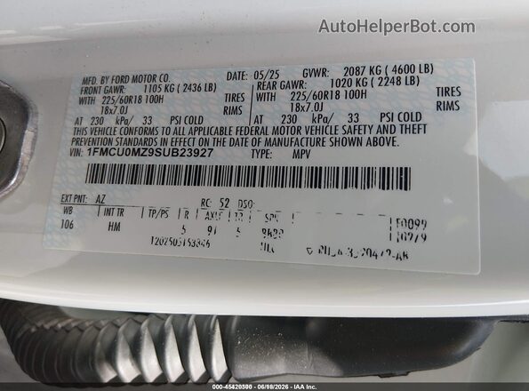 1FMCU0MZ9SUB23927 2025 FORD ESCAPE Белый Вид подкапотного пространства