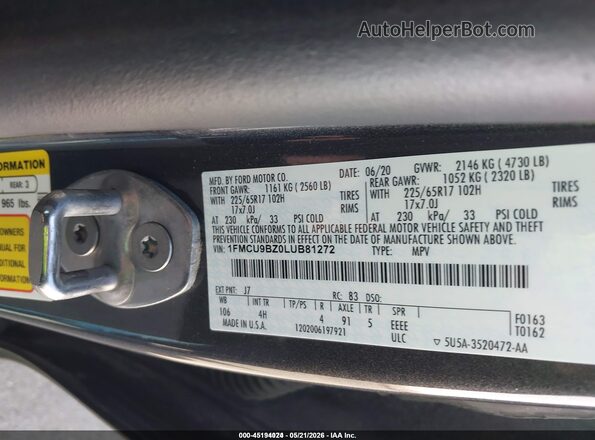 1FMCU9BZ0LUB81272 2020 FORD ESCAPE Gray Engine compartment view