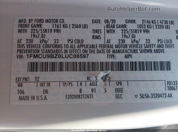 1FMCU9BZ0LUC08597 2020 FORD ESCAPE HYBRID SE SPO White Engine compartment view