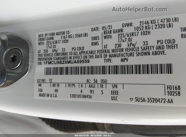 1FMCU9BZ6MUA69559 2021 FORD ESCAPE White Շարժիչի բաժամունքի տեսք