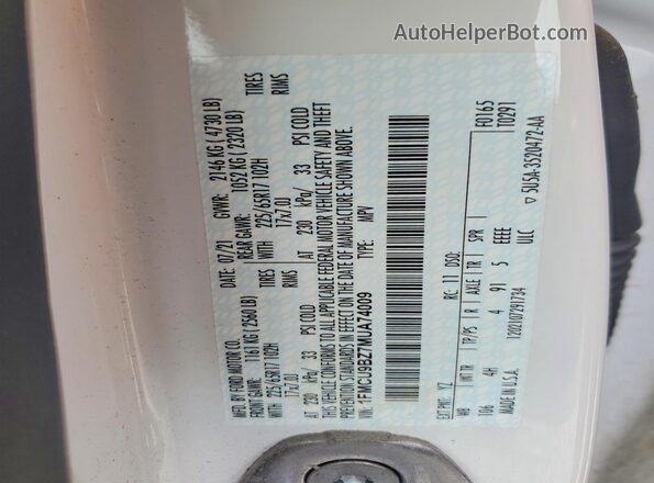 1FMCU9BZ7MUA74009 2021 FORD ESCAPE White სალონის 360-გრადუსიანი ხედი