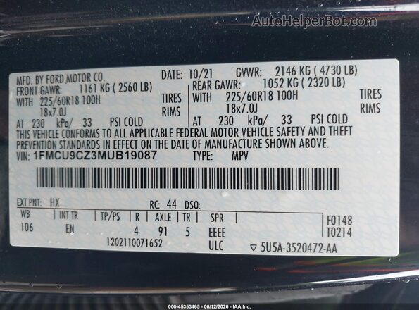 1FMCU9CZ3MUB19087 2021 FORD ESCAPE Black Вид підкапотного простору
