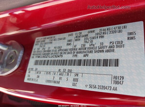 1FMCU9DZ1LUC52475 2020 FORD ESCAPE Red Vista del compartimento del motor
