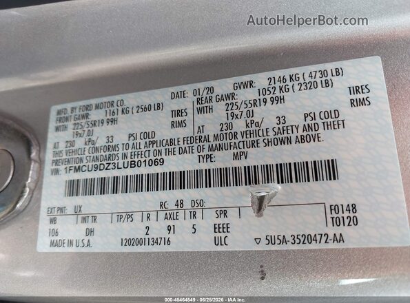1FMCU9DZ3LUB01069 2020 FORD ESCAPE Silver Вид підкапотного простору