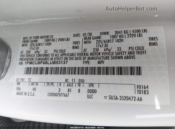 1FMCU9F68LUB53137 2020 FORD ESCAPE Белый Вид подкапотного пространства