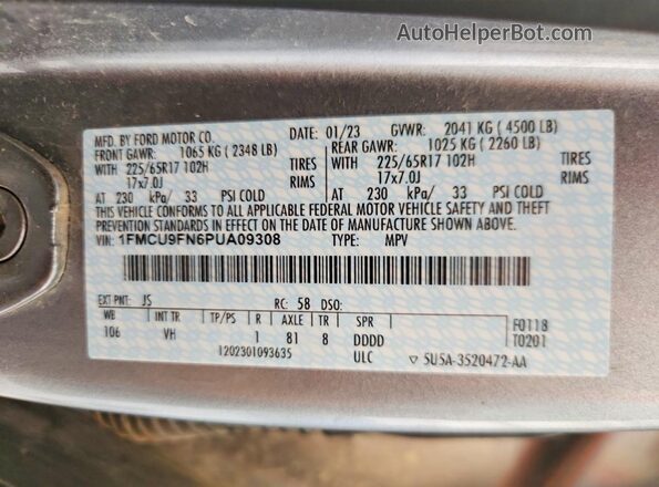 1FMCU9FN6PUA09308 2023 FORD ESCAPE Silver Вид наклейки з VIN-кодом