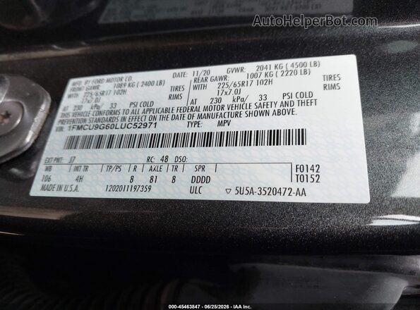 1FMCU9G60LUC52971 2020 FORD ESCAPE Gray Widok komory silnika