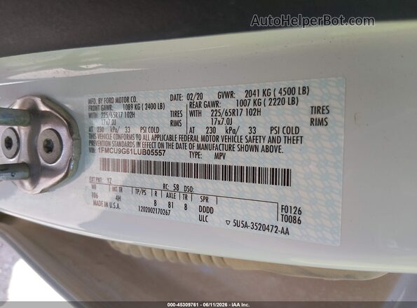 1FMCU9G61LUB05557 2020 FORD ESCAPE White Շարժիչի բաժամունքի տեսք