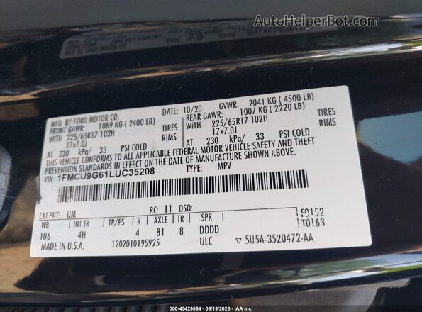 1FMCU9G61LUC35208 2020 FORD ESCAPE Black Engine compartment view