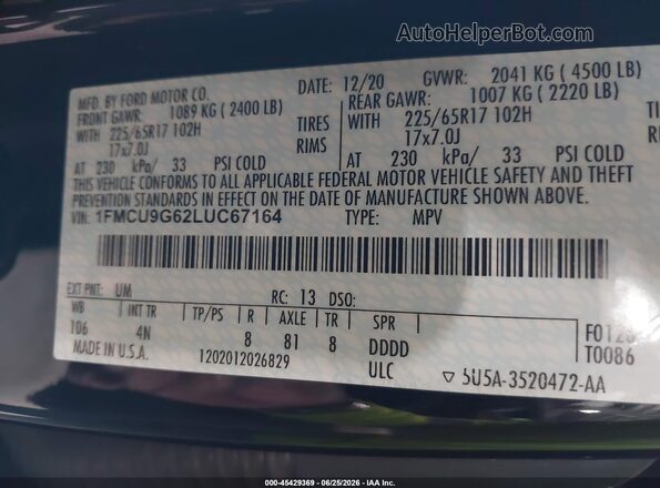 1FMCU9G62LUC67164 2020 FORD ESCAPE Black Вид підкапотного простору