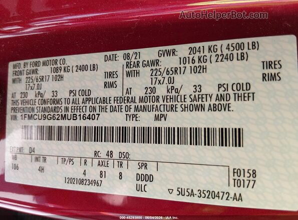 1FMCU9G62MUB16407 2021 FORD ESCAPE Burgundy ძრავის განყოფილების ხედი