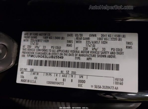 1FMCU9G63LUB25549 2020 FORD ESCAPE Black Widok komory silnika