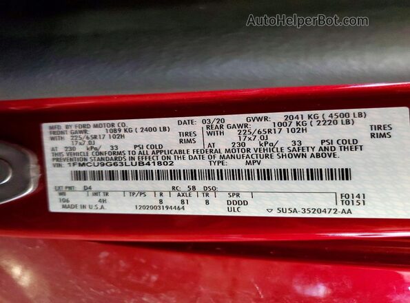 1FMCU9G63LUB41802 2020 FORD ESCAPE Red VIN կոդի պիտակի տեսք