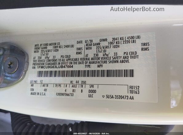 1FMCU9G63LUB47664 2020 FORD ESCAPE White Շարժիչի բաժամունքի տեսք