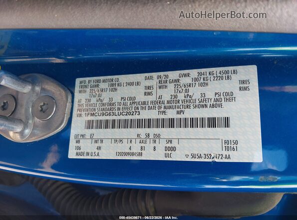 1FMCU9G63LUC20273 2020 FORD ESCAPE Синий Вид подкапотного пространства
