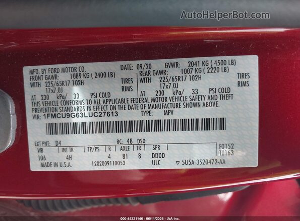 1FMCU9G63LUC27613 2020 FORD ESCAPE Red Շարժիչի բաժամունքի տեսք