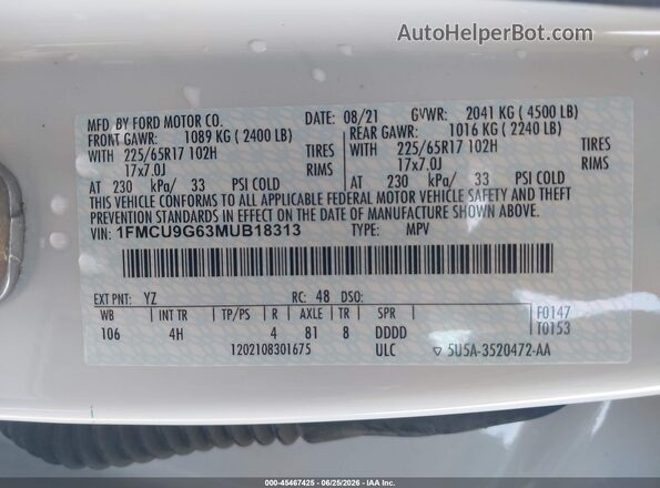 1FMCU9G63MUB18313 2021 FORD ESCAPE Белый Вид подкапотного пространства