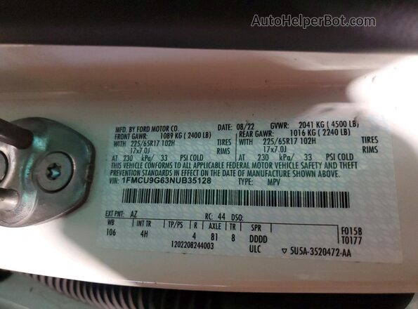 1FMCU9G63NUB35128 2022 FORD ESCAPE White Вид наклейки з VIN-кодом