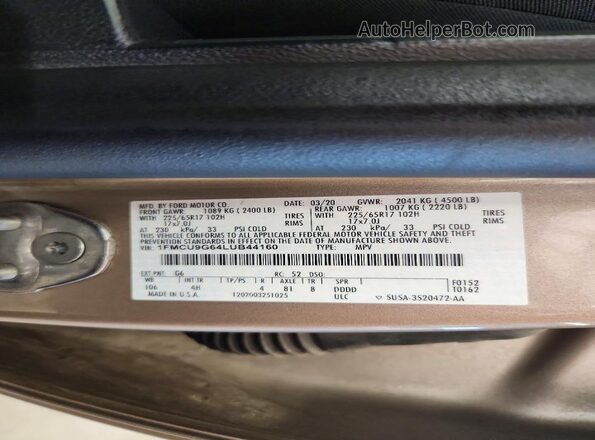 1FMCU9G64LUB44160 2020 FORD ESCAPE Желто-коричневый Вид наклейки с VIN-кодом