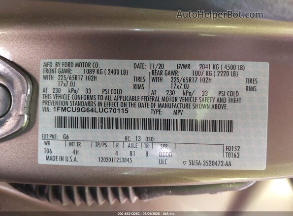 1FMCU9G64LUC70115 2020 FORD ESCAPE Beige ძრავის განყოფილების ხედი