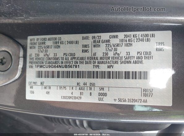 1FMCU9G64NUB56781 2022 FORD ESCAPE Gray ძრავის განყოფილების ხედი