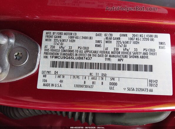 1FMCU9G65LUB87437 2020 FORD ESCAPE Red ძრავის განყოფილების ხედი