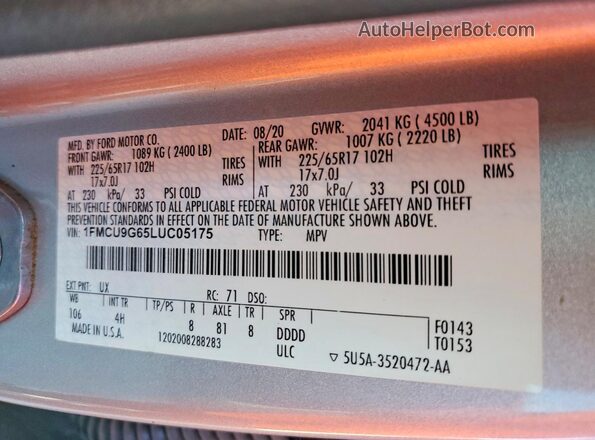 1FMCU9G65LUC05175 2020 FORD ESCAPE Silver VIN კოდის სტიკერის ხედი