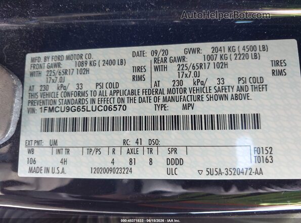 1FMCU9G65LUC06570 2020 FORD ESCAPE Черный 