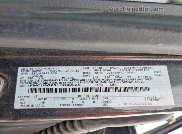 1FMCU9G65LUC42324 2020 FORD ESCAPE Gray Vista interior de 360 grados