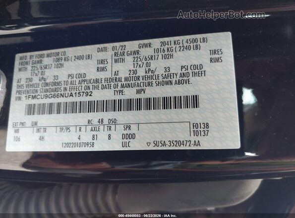 1FMCU9G66NUA15792 2022 FORD ESCAPE Черный Вид подкапотного пространства