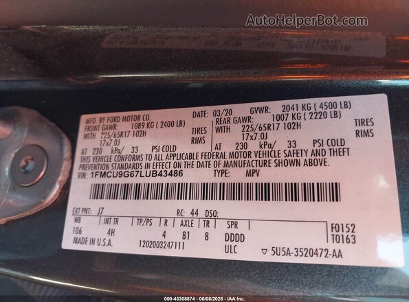 1FMCU9G67LUB43486 2020 FORD ESCAPE Black Vista del compartimento del motor
