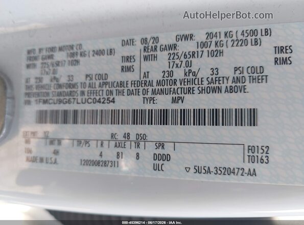 1FMCU9G67LUC04254 2020 FORD ESCAPE White Engine compartment view
