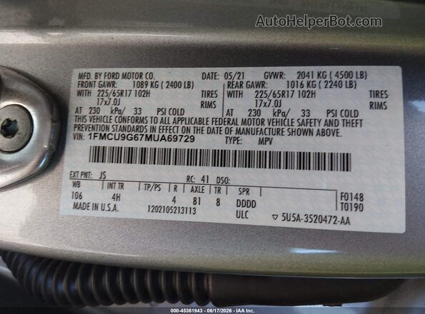 1FMCU9G67MUA69729 2021 FORD ESCAPE Gray Engine compartment view