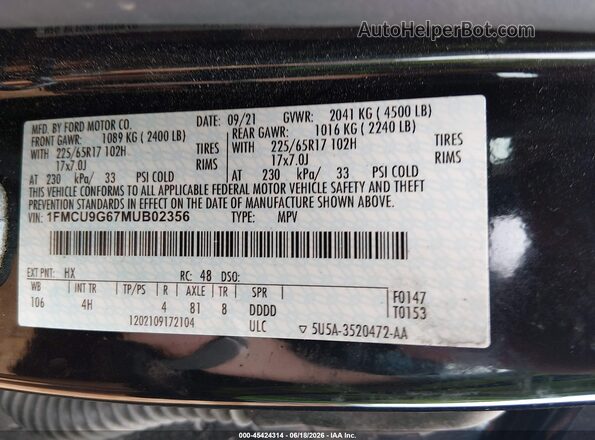 1FMCU9G67MUB02356 2021 FORD ESCAPE Black Vista del compartimento del motor