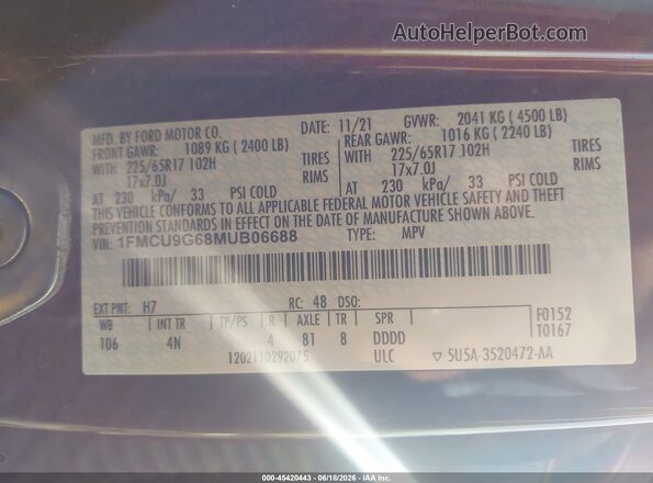 1FMCU9G68MUB06688 2021 FORD ESCAPE Maroon Շարժիչի բաժամունքի տեսք