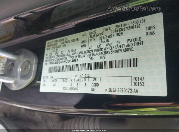 1FMCU9G69NUB64584 2022 FORD ESCAPE Black Շարժիչի բաժամունքի տեսք