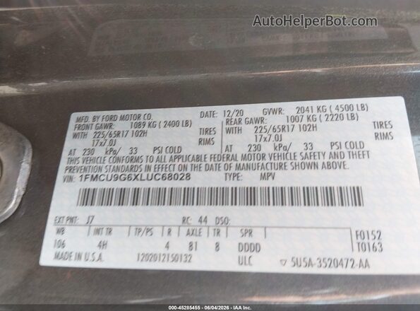 1FMCU9G6XLUC68028 2020 FORD ESCAPE Gray Engine compartment view