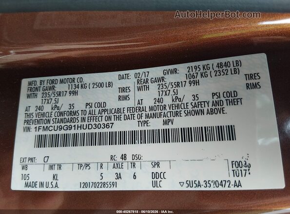 1FMCU9G91HUD30367 2017 FORD ESCAPE Brown Engine compartment view