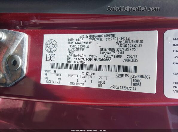 1FMCU9G91HUD69668 2017 FORD ESCAPE Бордовый Вид подкапотного пространства