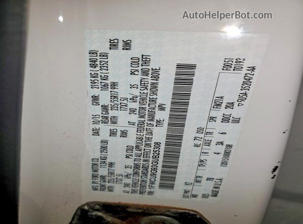 1FMCU9G93GUB25308 2016 FORD ESCAPE White VIN կոդի պիտակի տեսք