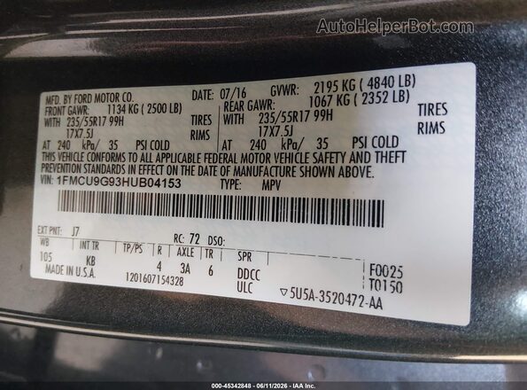 1FMCU9G93HUB04153 2017 FORD ESCAPE Gray Engine compartment view