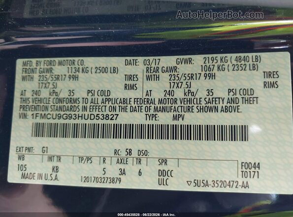 1FMCU9G93HUD53827 2017 FORD ESCAPE Black Շարժիչի բաժամունքի տեսք