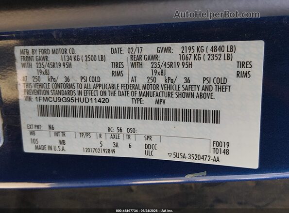 1FMCU9G95HUD11420 2017 FORD ESCAPE Blue Engine compartment view