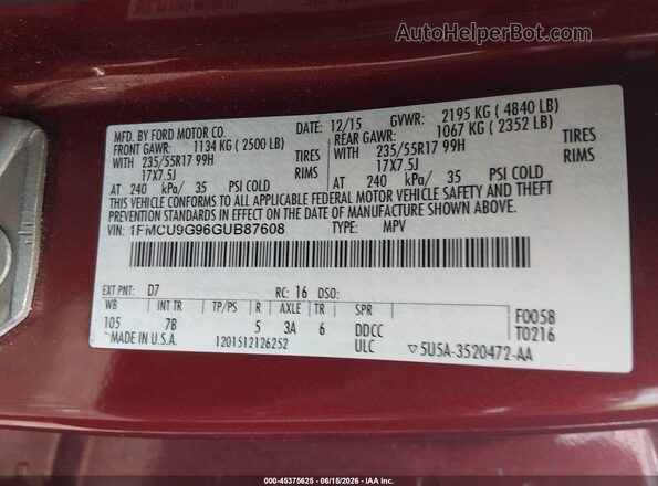 1FMCU9G96GUB87608 2016 FORD ESCAPE Red Vista del compartimento del motor
