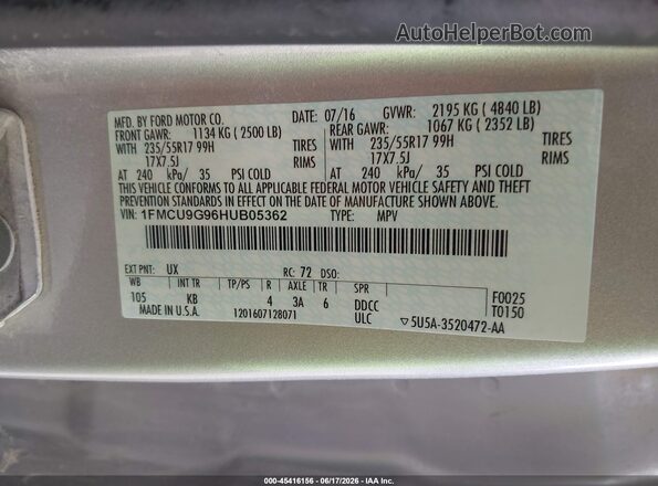 1FMCU9G96HUB05362 2017 FORD ESCAPE Silver Widok komory silnika