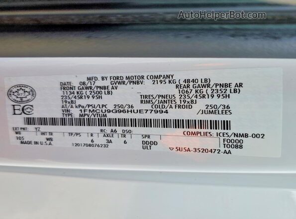 1FMCU9G96HUE77994 2017 FORD ESCAPE Белый 