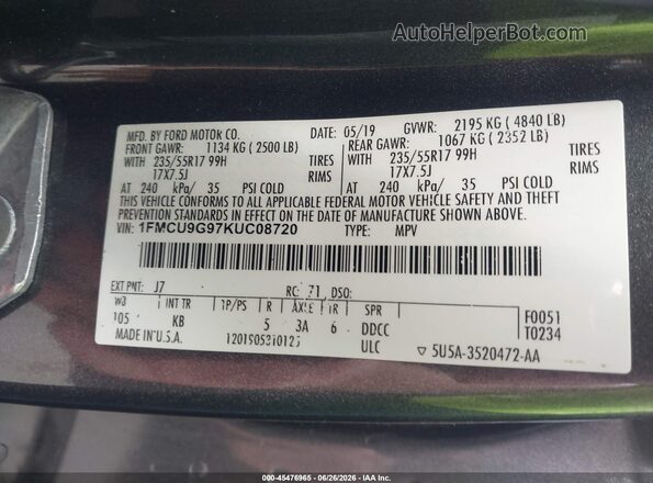 1FMCU9G97KUC08720 2019 FORD ESCAPE Gray Widok komory silnika