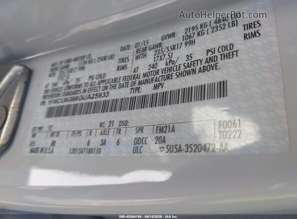 1FMCU9G98GUA25933 2016 FORD ESCAPE White Вид підкапотного простору