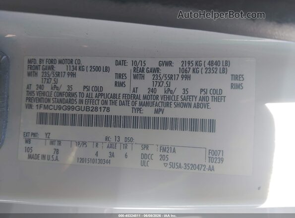 1FMCU9G99GUB28178 2016 FORD ESCAPE White Engine compartment view